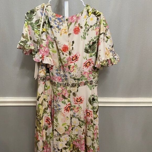 NWT MAC DUGGAL FLORAL PRINT FAUX WRAP FLUTTER SLEEVE A-LINE GOWN  9079 - Picture 7 of 9